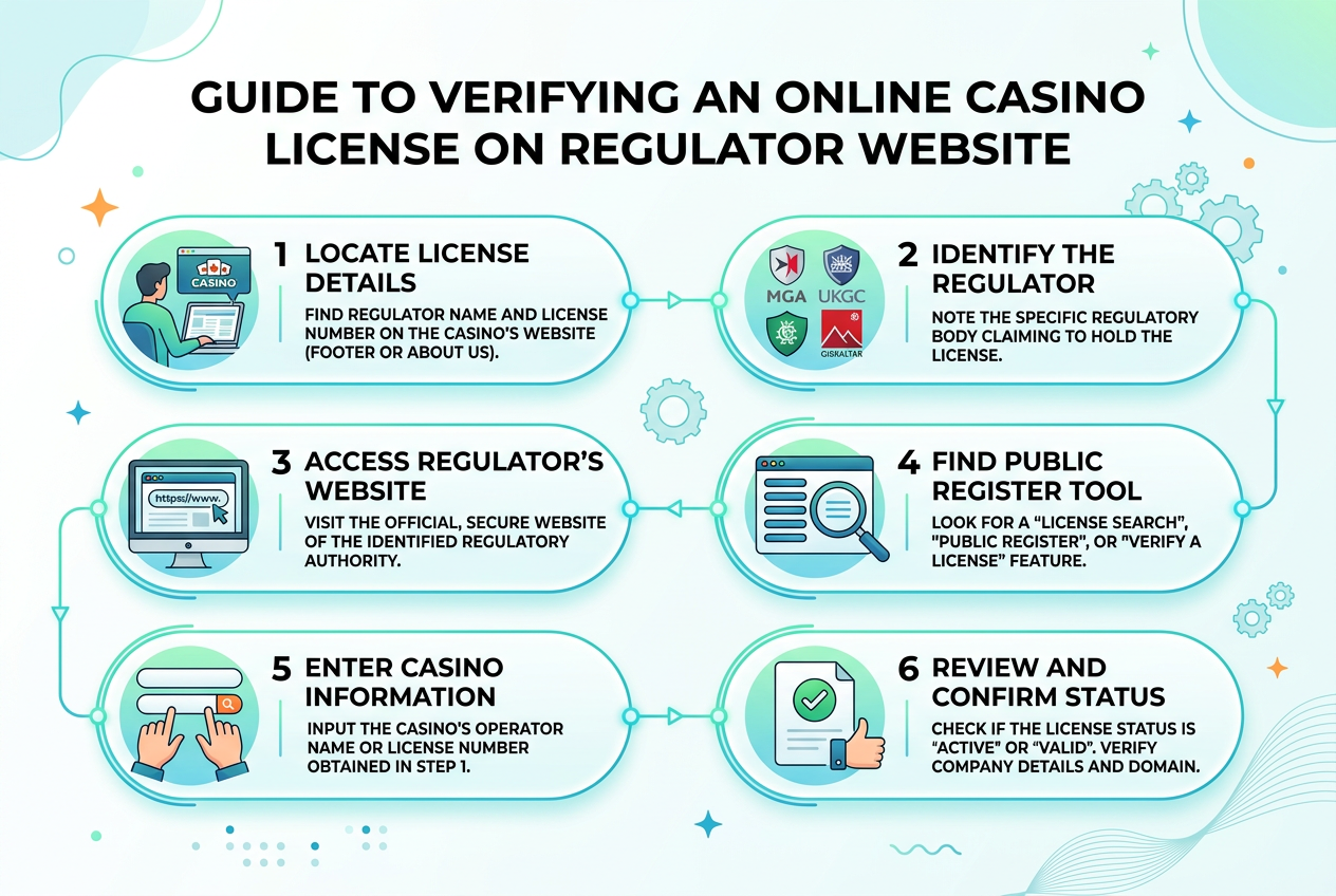 Infografika przedstawiająca kroki weryfikacji licencji kasyna online na stronie regulatora
