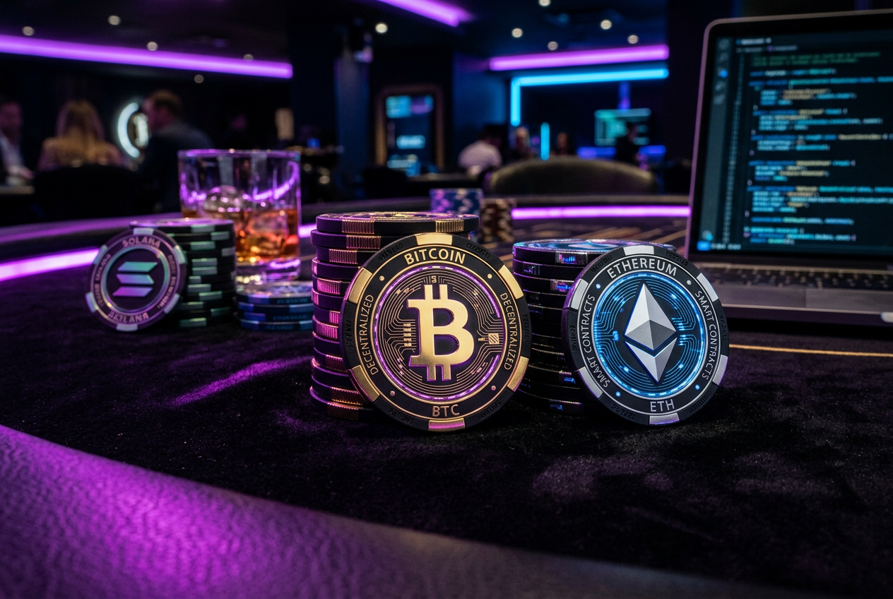 Cryptocurrency logos like Bitcoin and Ethereum mixed with casino chips dark background neon lighting privacy concept
