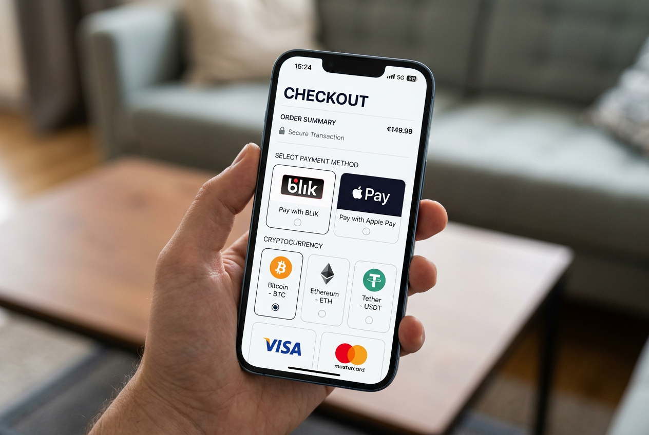 Interfejs płatności mobilnych w kasynie online z widocznymi opcjami BLIK i Apple Pay