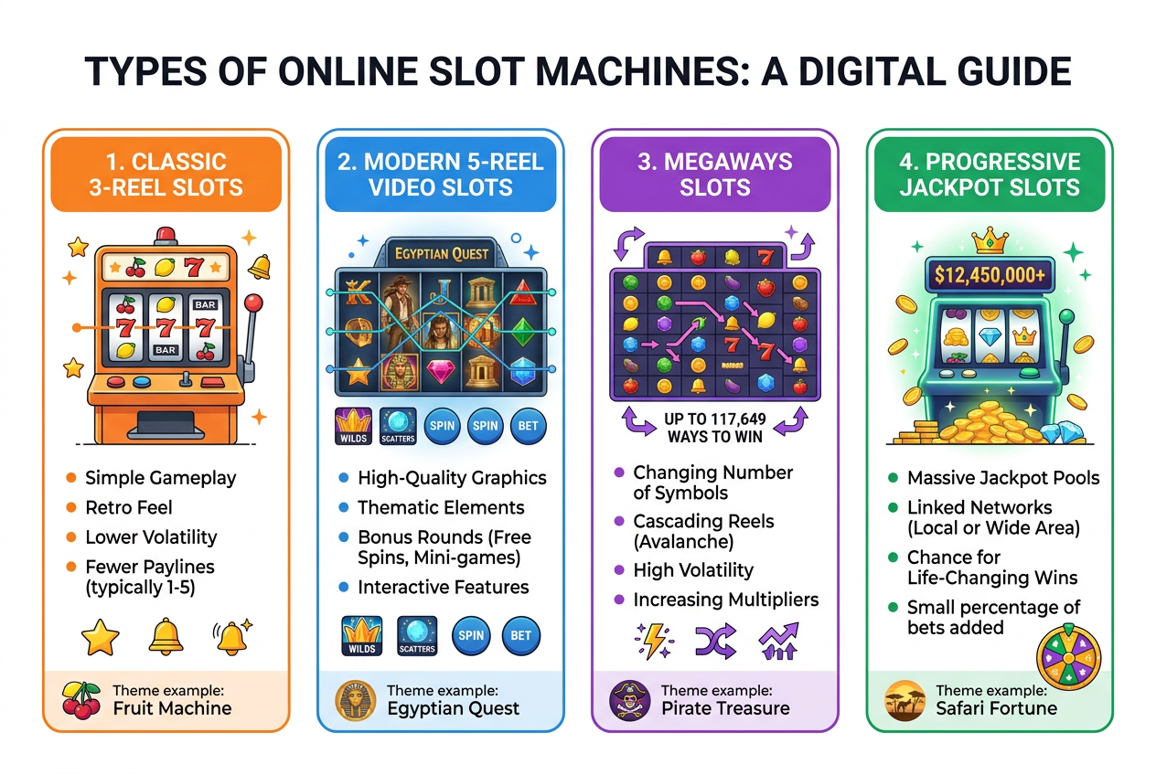 Infographic showing various types of online slots including classic video and megaways