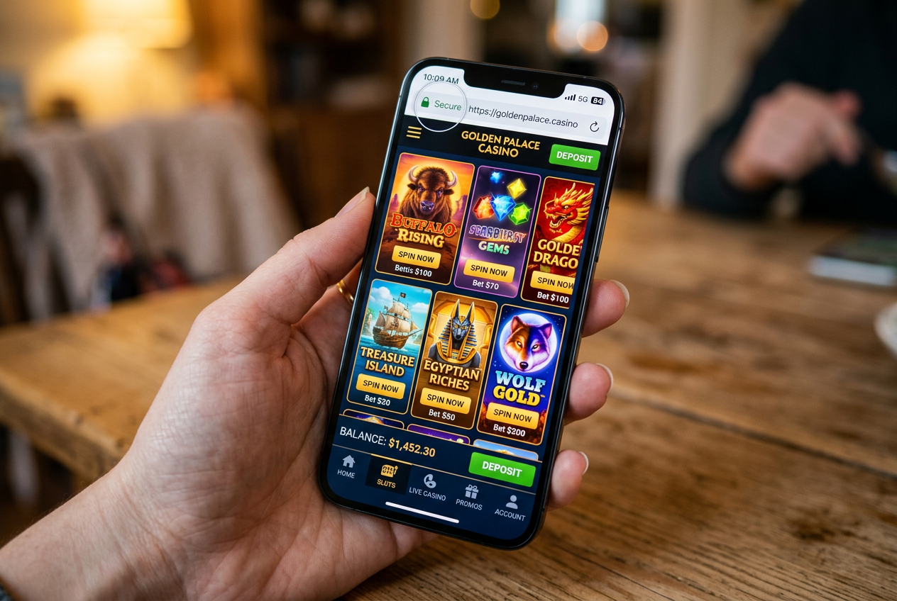 Modern smartphone displaying a secure casino application interface with encryption icons