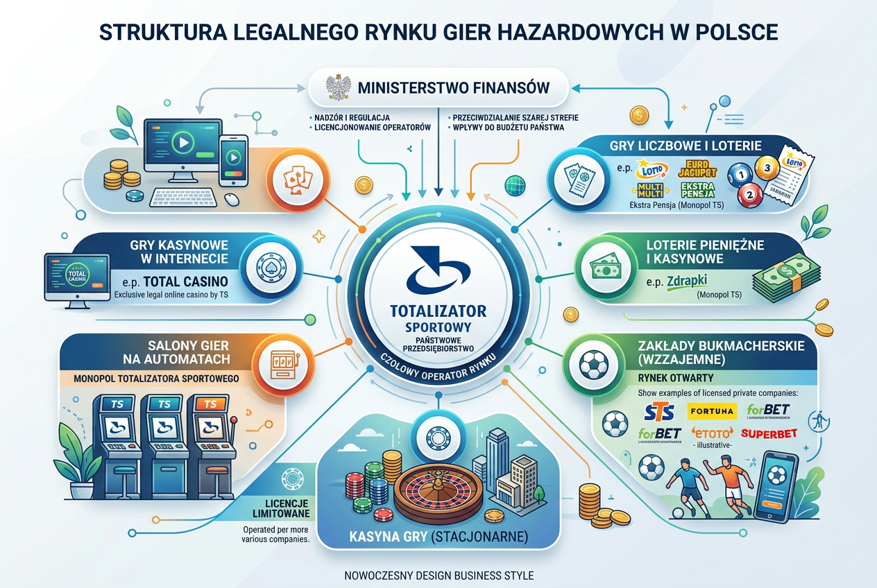 Infografika przedstawiająca strukturę legalnego rynku hazardowego w Polsce z Totalizatorem Sportowym w centrum